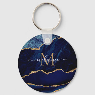 Agate Navy Blue Gold Marble Monogram Name Sleutelh Sleutelhanger