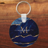 Agate Navy Blue Gold Marble Monogram Name Sleutelh Sleutelhanger (Voorkant)