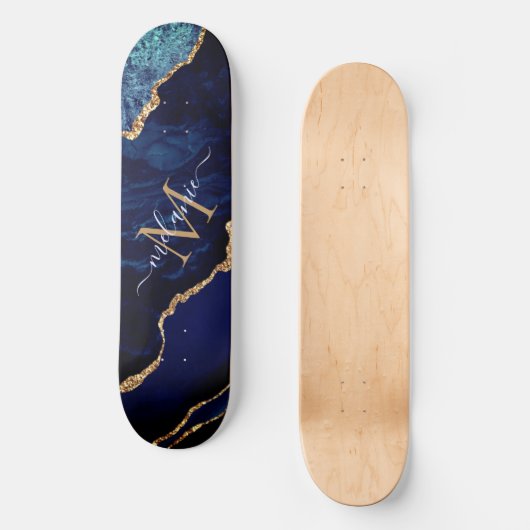 Agate Navy Blue Gold Marble Monogram Skateboard (Voorkant)