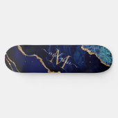Agate Navy Blue Gold Marble Monogram Skateboard (Horizontaal)