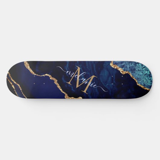 Agate Navy Blue Gold Marble Monogram Skateboard (Horizontaal)