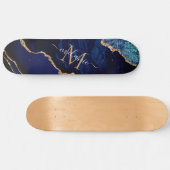 Agate Navy Blue Gold Marble Monogram Skateboard (Horizontaal)