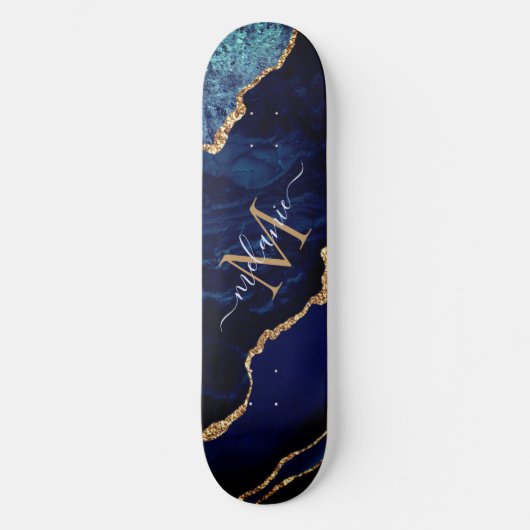 Agate Navy Blue Gold Marble Monogram Skateboard (Voorkant)