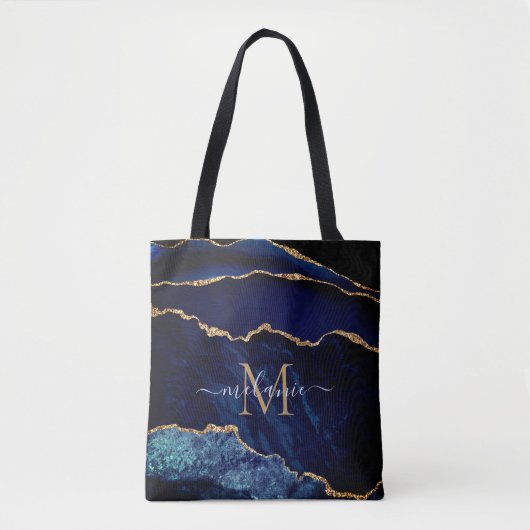 Agate Navy Blue Gold Marble Name Letter Canvas tas (Voorkant)