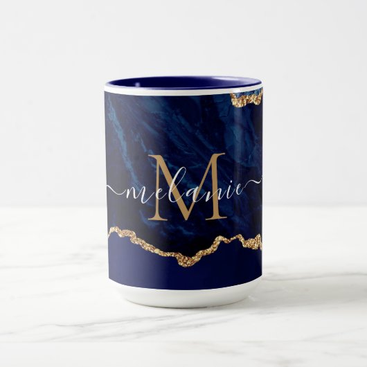 Agate Navy Blue Gold Marble Name Letter Mok Gift (Midden)