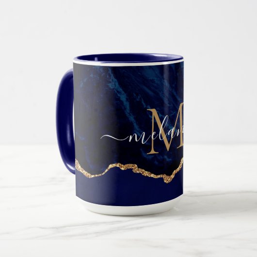 Agate Navy Blue Gold Marble Name Letter Mok Gift (Voorkant links)