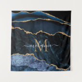 Agate Navy Blue Gold Marble Tapestry Monogram Wandkleed (Voorkant)