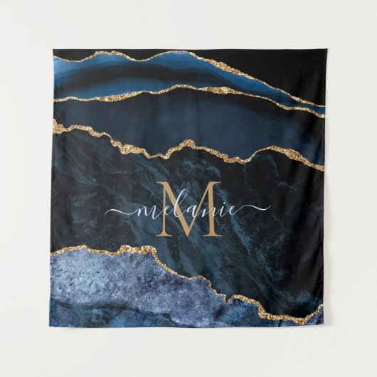 Agate Navy Blue Gold Marble Tapestry Monogram Wandkleed (Voorkant)