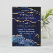 Agate Navy Blue Gold Rings Wedding Invitation (Staand voorkant)