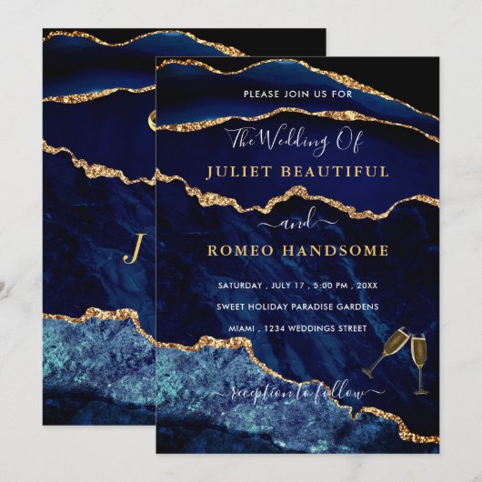 Agate Navy Blue Gold Rings Wedding Invitation (Voorkant / Achterkant)