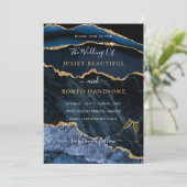 Agate Navy Blue Gold Rings Wedding Invitation (Staand voorkant)