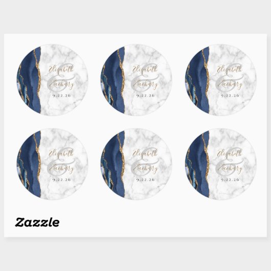Agate Navy Blue Gold Script Marmer Wedding Ronde Sticker (Vel)