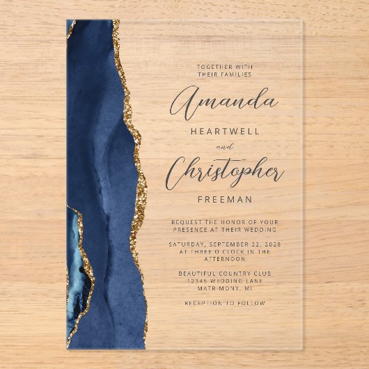 Agate Navy Blue Gold Script Weddenschap Acryl Uitnodigingen (Voorkant)