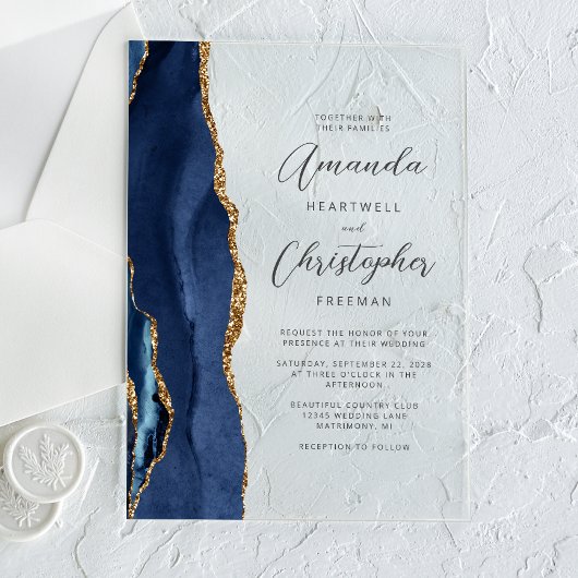 Agate Navy Blue Gold Script Weddenschap Acryl Uitnodigingen