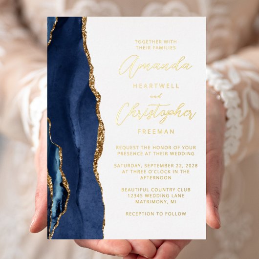 Agate Navy Blue Gold Script Weddenschap Folie Uitnodiging