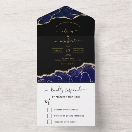 Agate Navy Blue Gold Wedding Elegant Modern All In One Uitnodiging (Binnen)