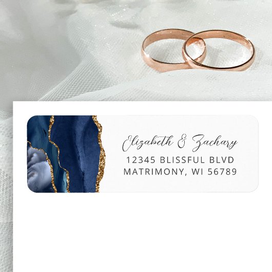 Agate Navy Blue Gold Wedding Retouradres Etiket