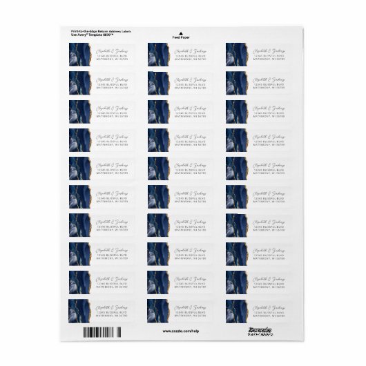 Agate Navy Blue Gold Wedding Retouradres Etiket (Full Sheet)