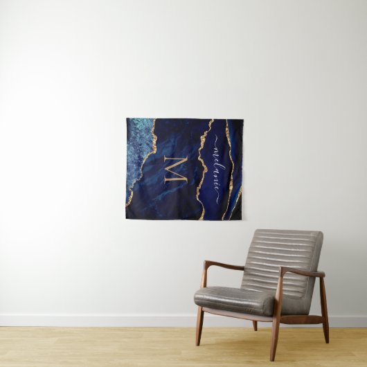 Agate Navy Blue Marble Tapestry Custom Name Letter Wandkleed (In Situ (horizontaal))