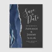 Agate Navy Blue Silver Dark Magnetic Save the Date (Voorkant)