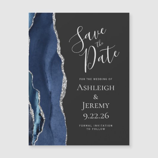 Agate Navy Blue Silver Dark Magnetic Save the Date (Voorkant)