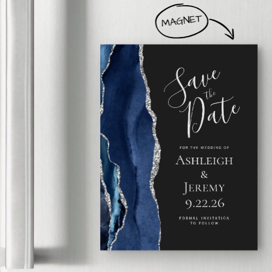 Agate Navy Blue Silver Dark Magnetic Save the Date