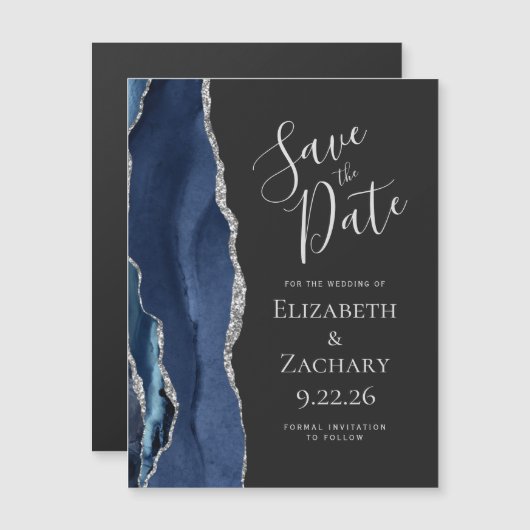 Agate Navy Blue Silver Dark Magnetic Save the Date (Voorkant / Achterkant)