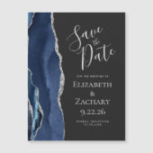 Agate Navy Blue Silver Dark Magnetic Save the Date (Voorkant)