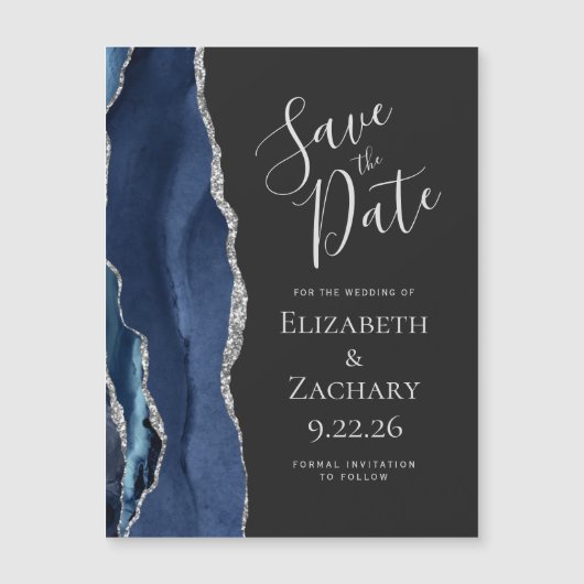 Agate Navy Blue Silver Dark Magnetic Save the Date (Voorkant)