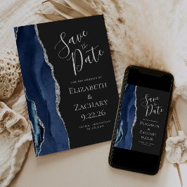 Agate Navy Blue Silver Dark Save the Date Kaart