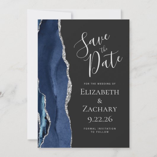 Agate Navy Blue Silver Dark Save the Date Kaart (Voorkant)