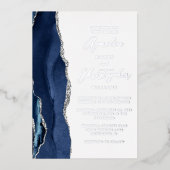 Agate Navy Blue Silver Modern Script Wedding Folie Uitnodiging (Voorkant)
