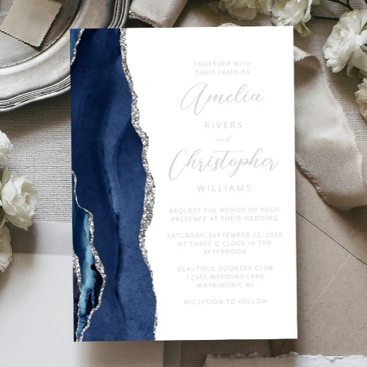 Agate Navy Blue Silver Modern Script Wedding Folie Uitnodiging