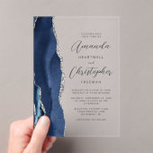 Agate Navy Blue Silver Script Weddenschap Acryl Uitnodigingen (Insitu (Draagbaar))