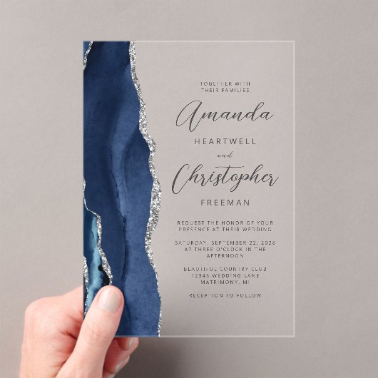 Agate Navy Blue Silver Script Weddenschap Acryl Uitnodigingen (Insitu (Draagbaar))