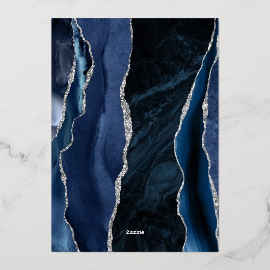 Agate Navy Blue Silver Script Weddenschap Folie Uitnodiging (Achterkant)