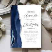 Agate Navy Blue Silver Script Weddenschap Kaart