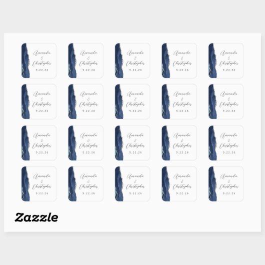 Agate Navy Blue Silver Script Weddenschap Vierkante Sticker (Vel)