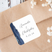 Agate Navy Blue Silver Script Weddenschap Vierkante Sticker