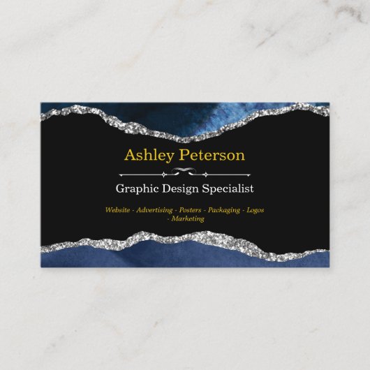 Agate Navy en Silver Faux Glitter Visitekaartje (Voorkant)