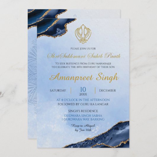 Agate Navy Sri Sukhmani Sahib Path 18e verjaardag Kaart (Voorkant / Achterkant)