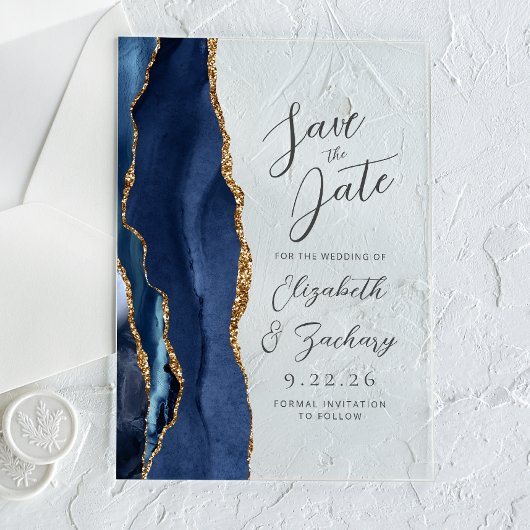 Agate Navyblauw Goud Moderne Script Bruiloft Acryl Uitnodigingen