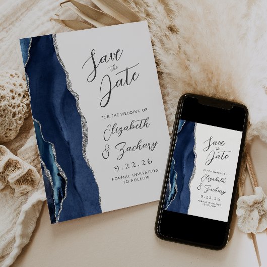 Agate Navyblauw Zilver Moderne Scriptie Bruiloft Save The Date