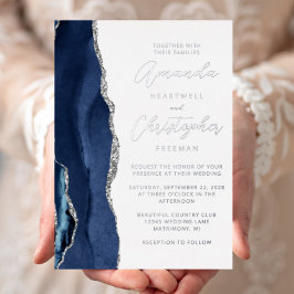Agate Navyblauw Zilver Script Trouw Folie Uitnodiging