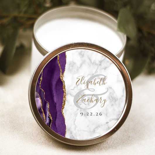 Agate Paars Gold Script Marble Wedding Ronde Sticker
