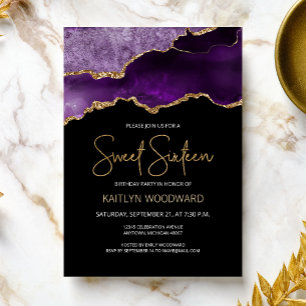 Agate Paars Goud Donkere Sweet 16 Verjaardagsfeest Kaart