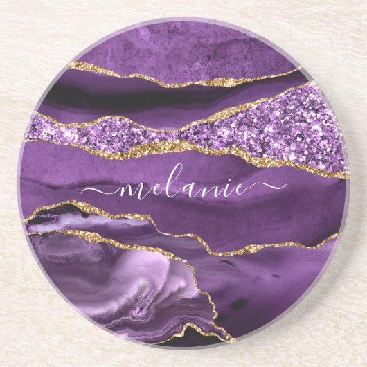 Agate Paars Goud Glitter Onderzetter Aangepaste Na (Voorkant)