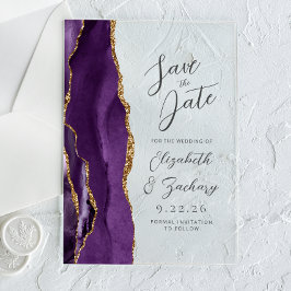Agate Paars Goud Pruim Modern Script Bruiloft Acryl Uitnodigingen