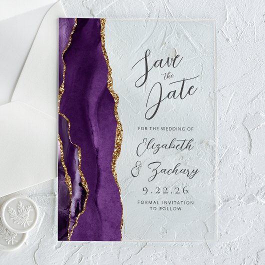 Agate Paars Goud Pruim Modern Script Bruiloft Acryl Uitnodigingen