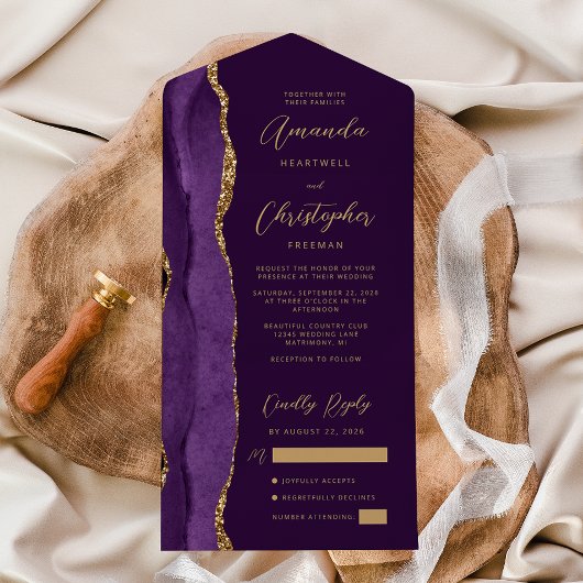 Agate Paars Goud Schrift Plum All In One Uitnodiging